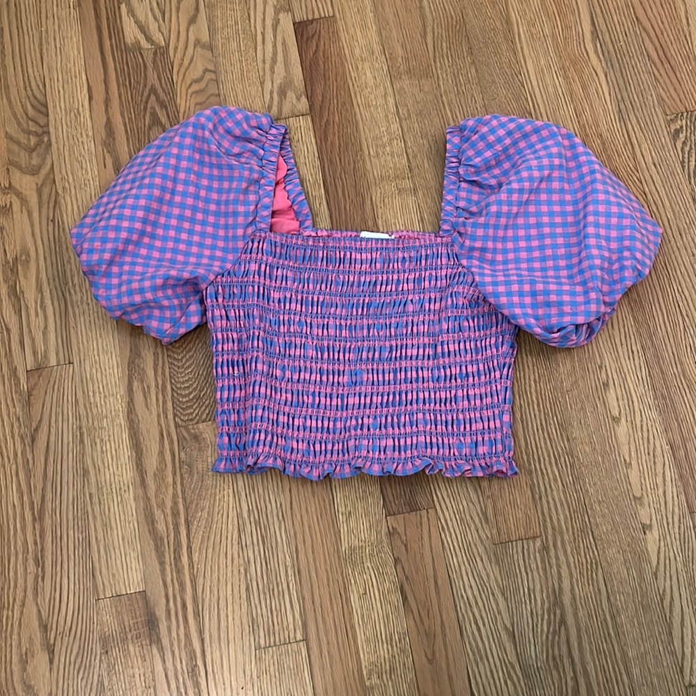 Endless Rose Blue and Pink Gingham Checked smocked puff sleeve top EUC Size M